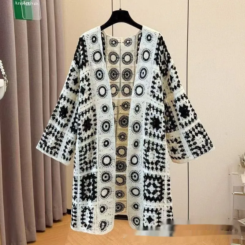 Ladies' loose embroidered thin knit cotton cardigan in black, open front, one size