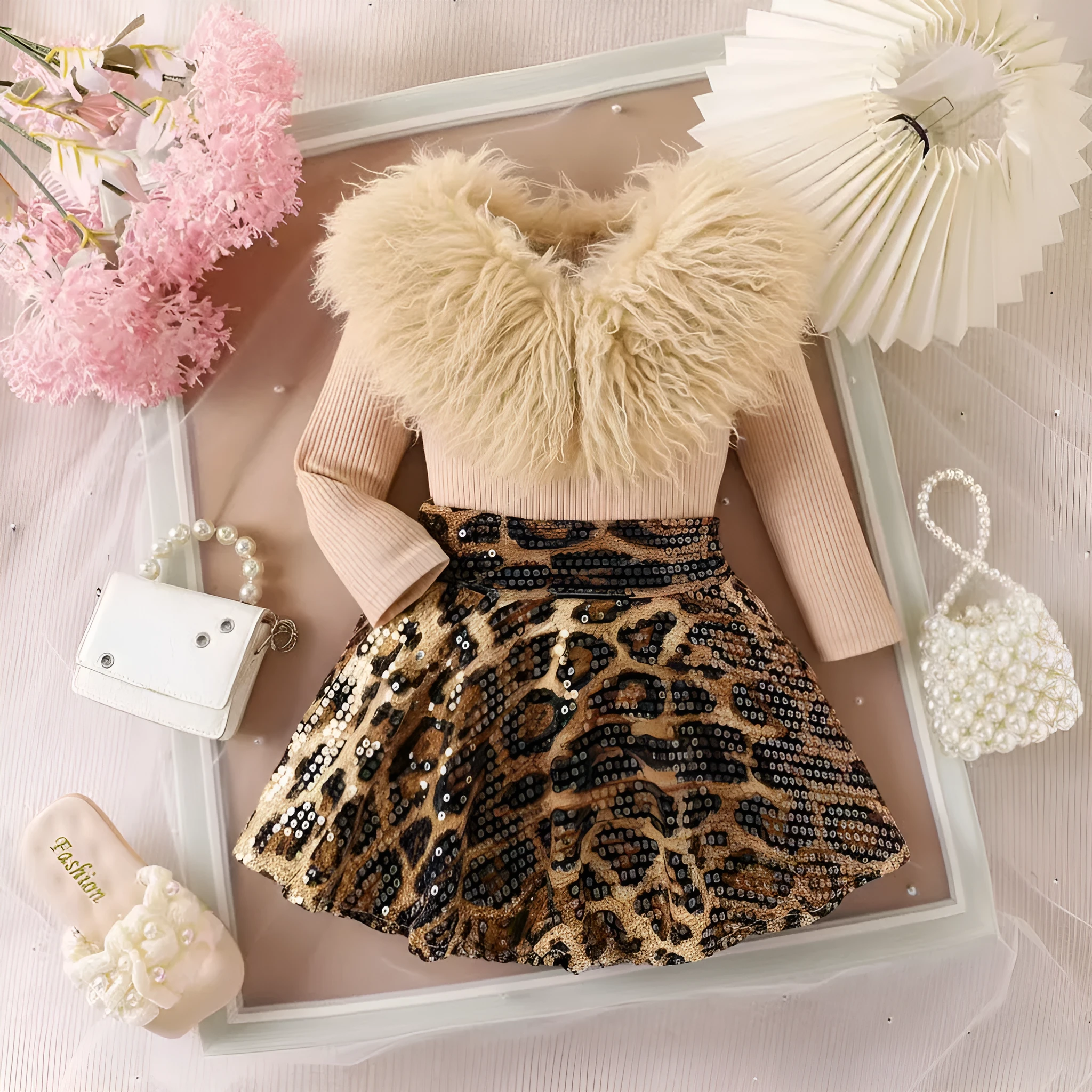 Brown leopard print cotton two-piece set with long sleeve top and skirt for kids 90-140cm