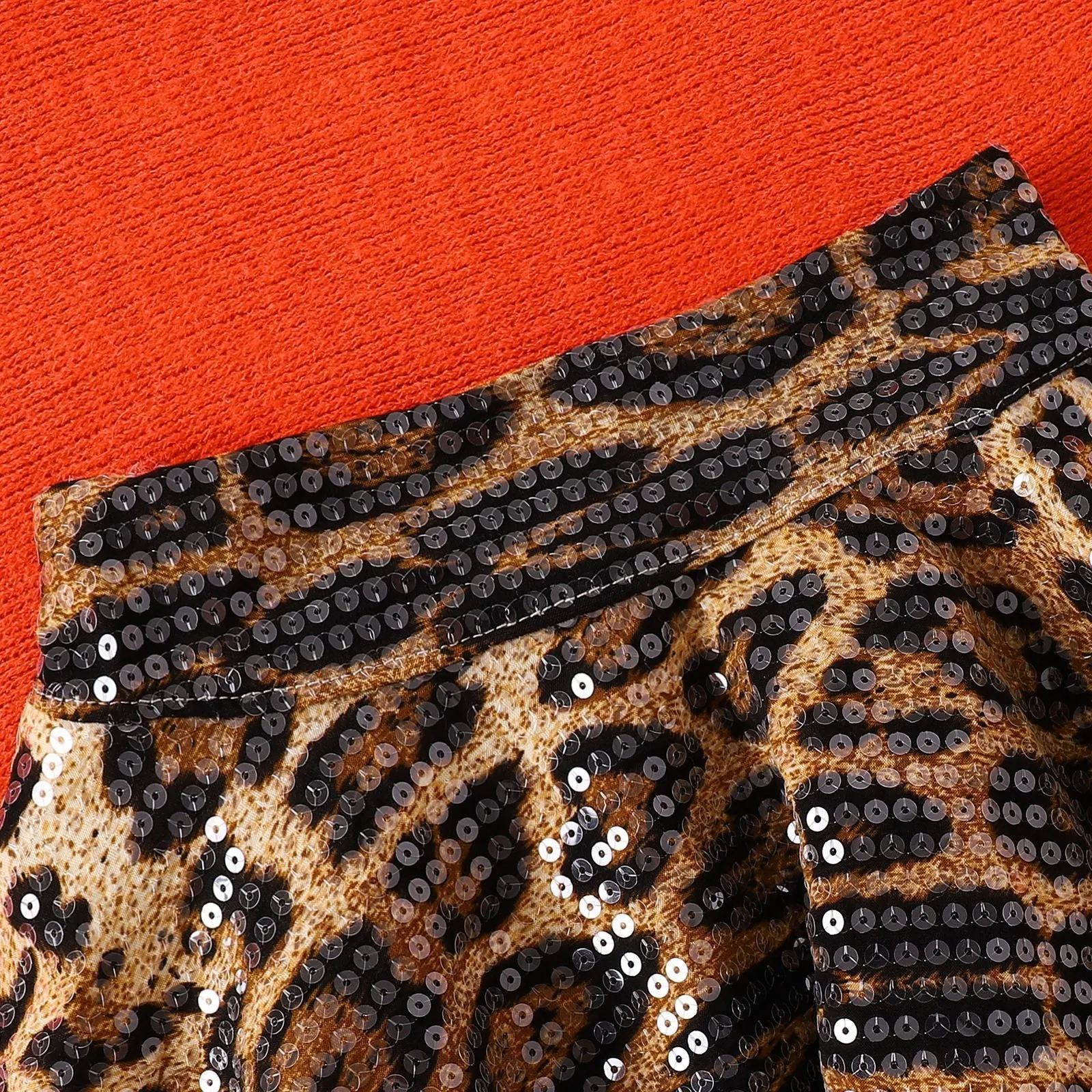 Brown leopard print cotton two-piece set with long sleeve top and skirt for kids 90-140cm