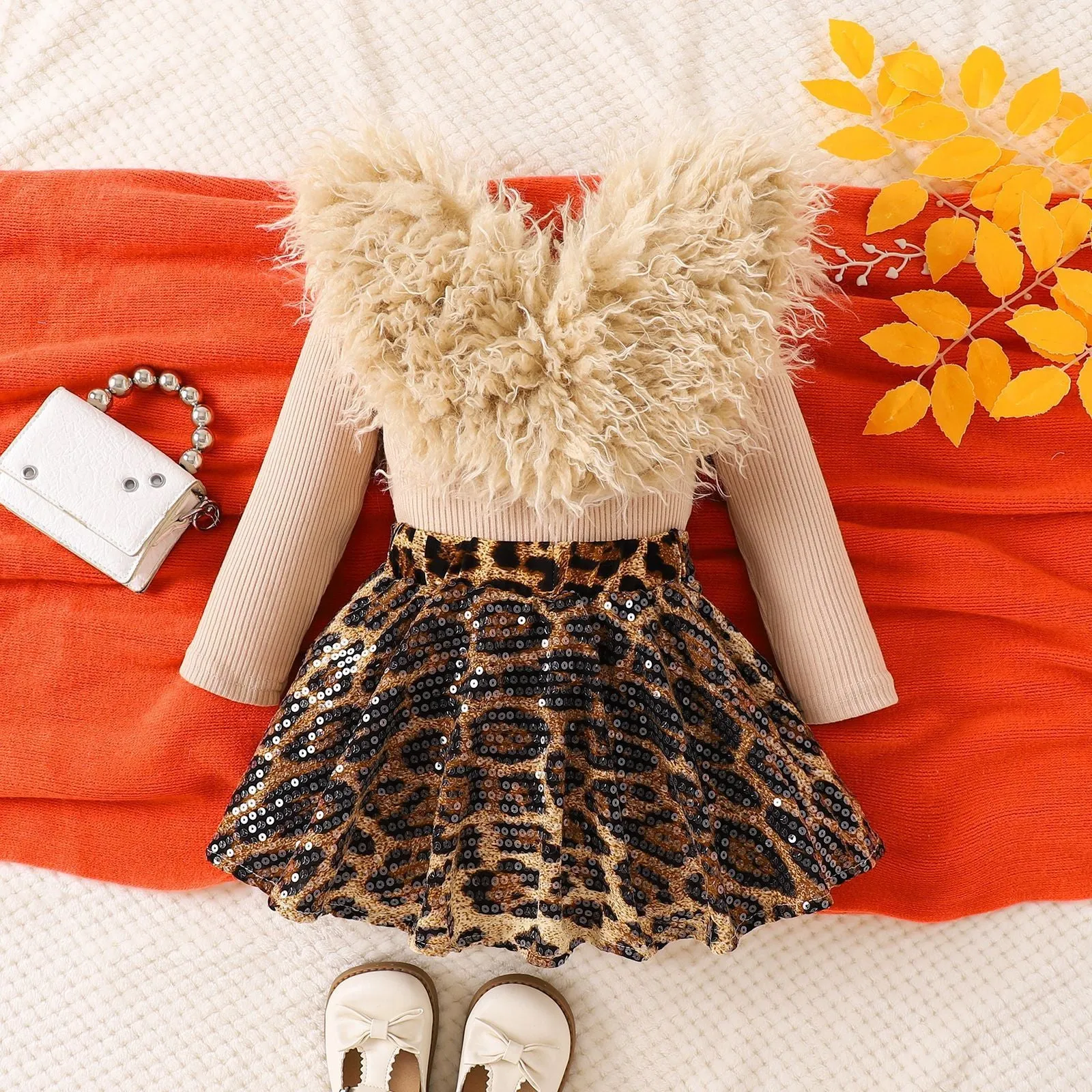 Brown leopard print cotton two-piece set with long sleeve top and skirt for kids 90-140cm