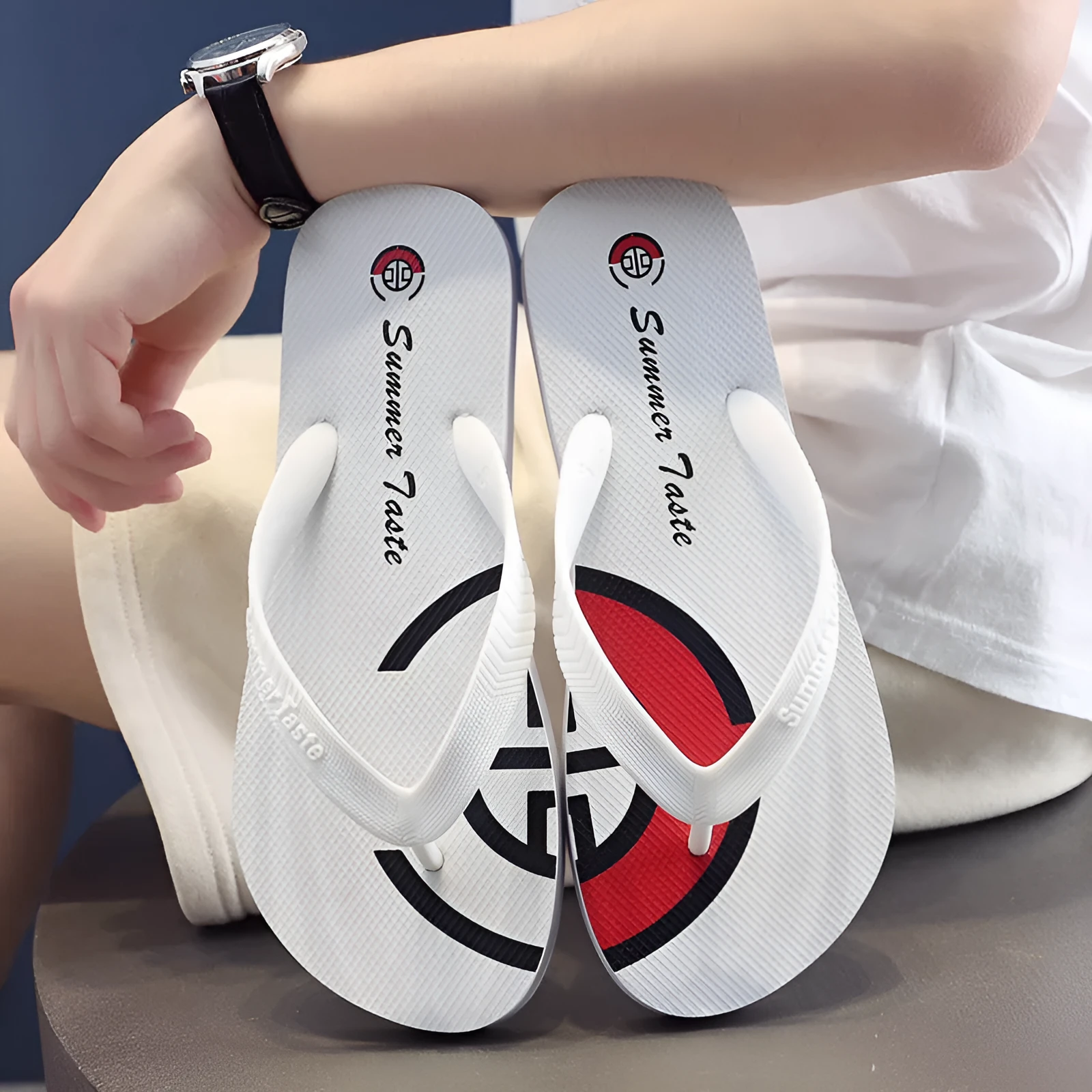 Personalised PVC summer flip-flops in four colours for men and women at the beach