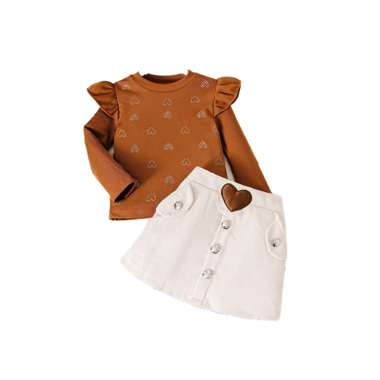 Brown striped long-sleeve top and short skirt cotton dress set for toddlers