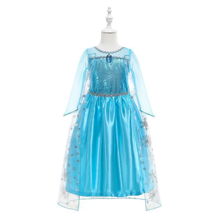 Blue Frozen Queen Elsa children's gown with flower and animal patterns, polyester lining, size for 100-150cm height
