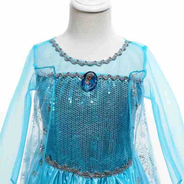 Blue Frozen Queen Elsa children's gown with flower and animal patterns, polyester lining, size for 100-150cm height