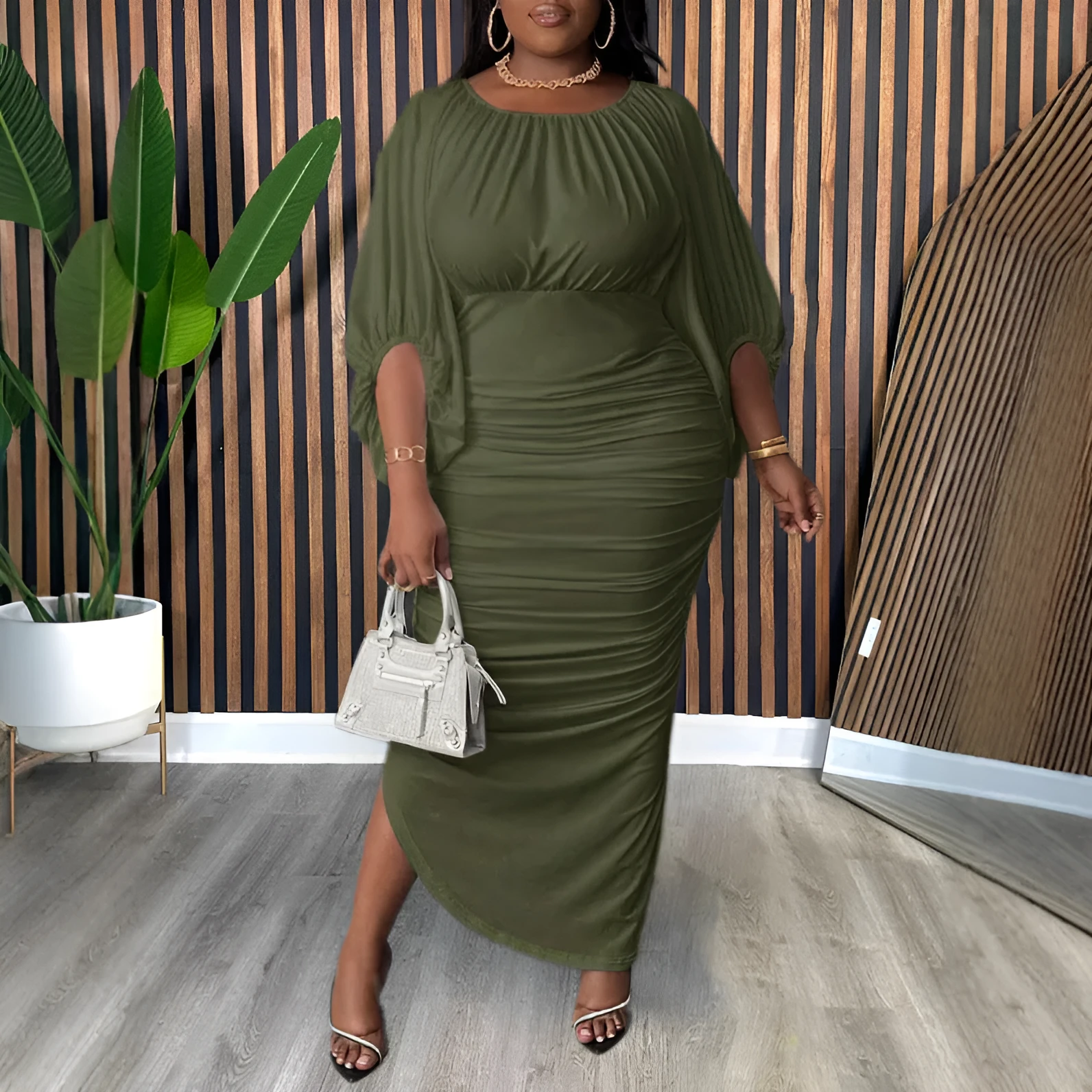 Army green solid colour round neck raglan sleeve shirred long dress on model, plus size 1XL-5XL