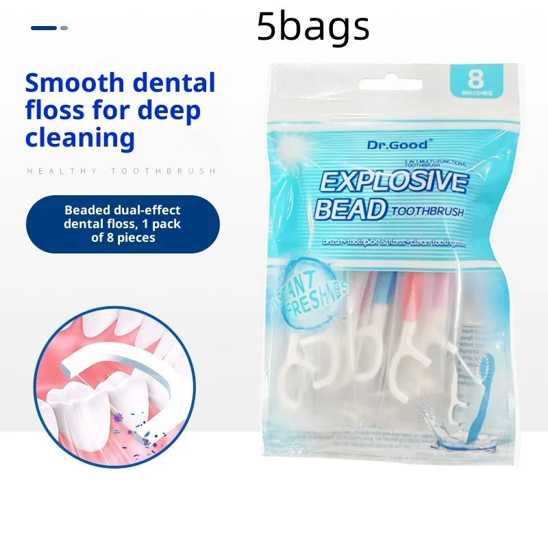 Disposable soft-bristle toothbrush with floss bead for adults, English packaging, portable travel size