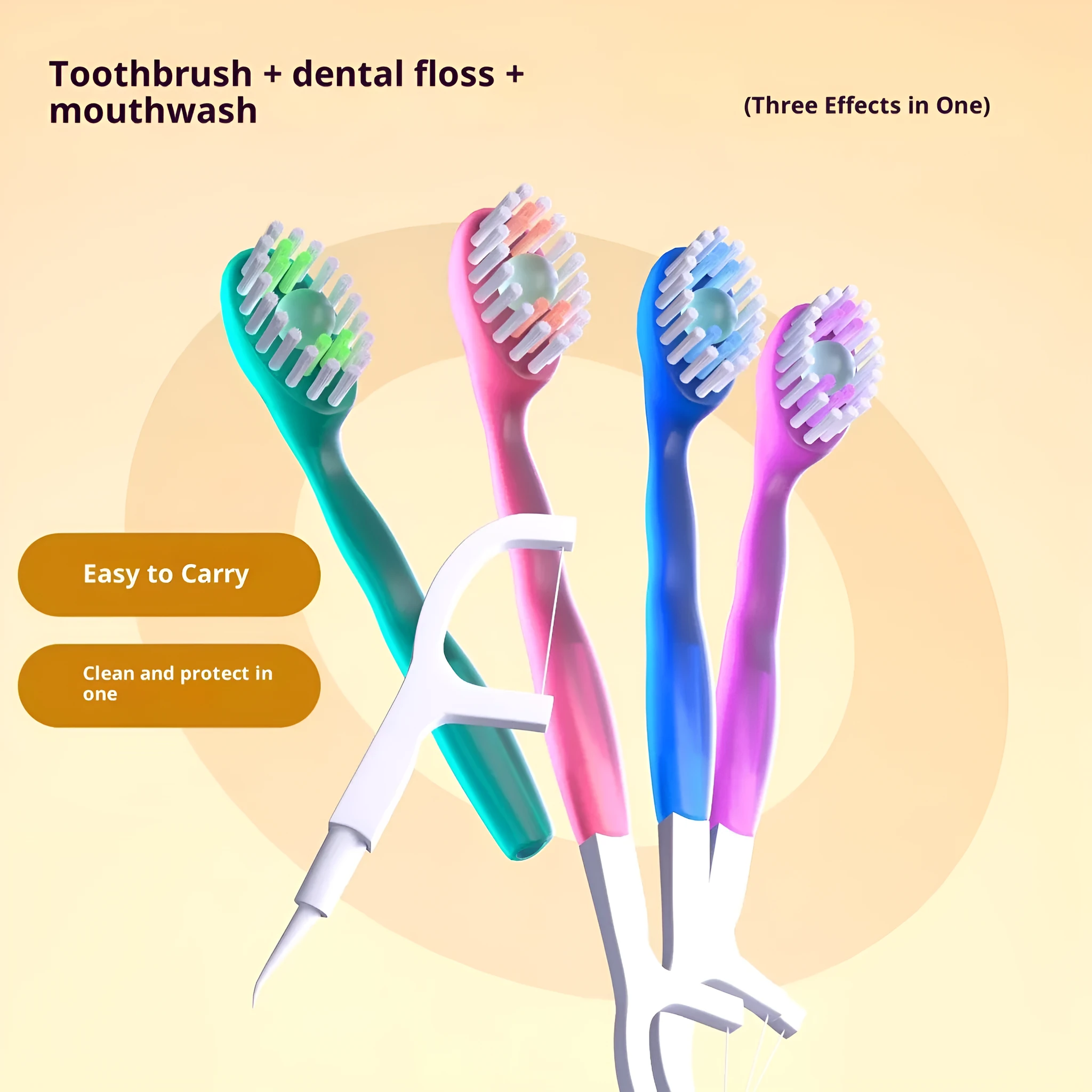 Disposable soft-bristle toothbrush with floss bead for adults, English packaging, portable travel size
