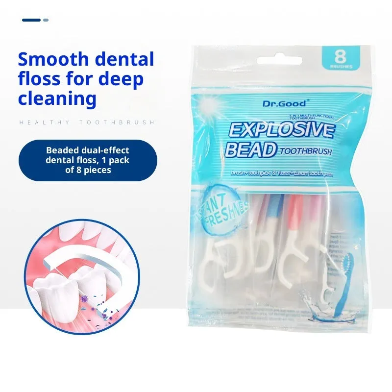 Disposable soft-bristle toothbrush with floss bead for adults, English packaging, portable travel size