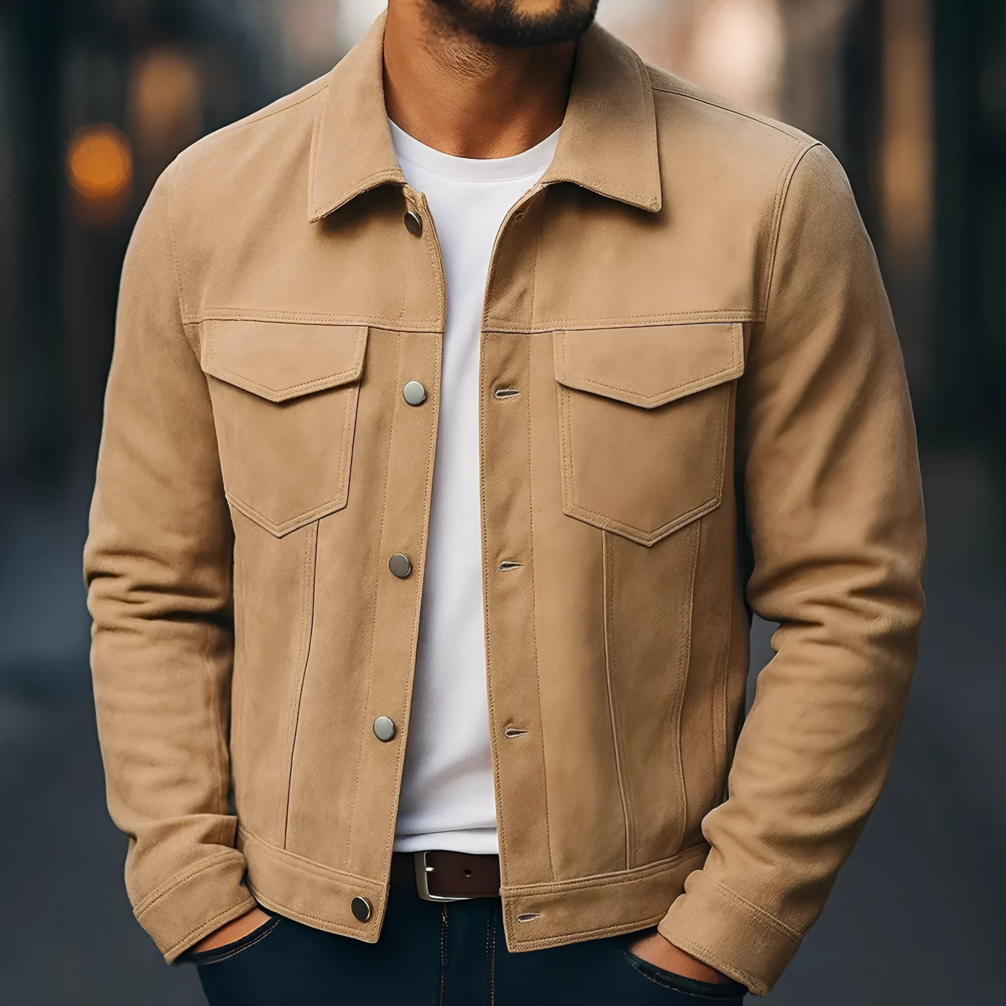 Deer Suede men's winter lapel work jacket in brown with 3D patch pockets and loose fit
