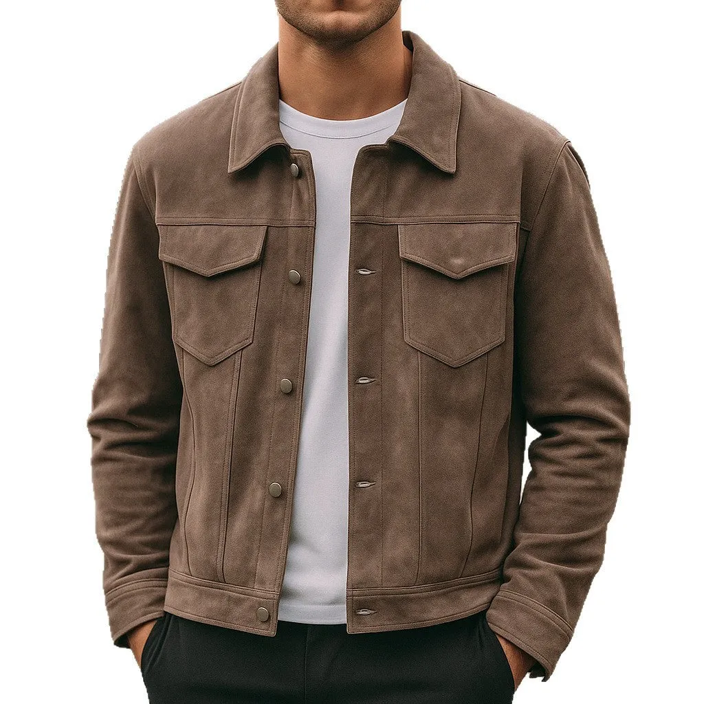 Deer Suede men's winter lapel work jacket in brown with 3D patch pockets and loose fit