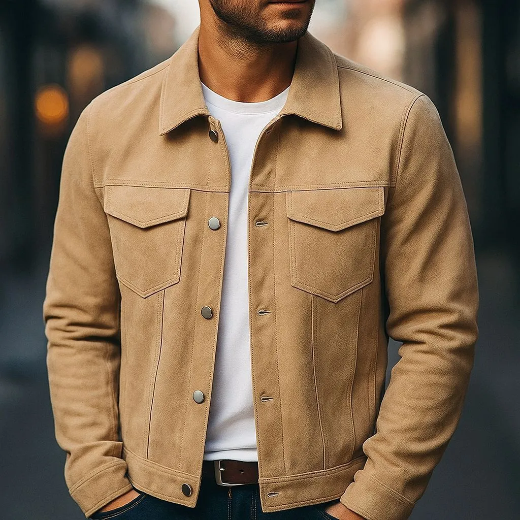 Deer Suede men's winter lapel work jacket in brown with 3D patch pockets and loose fit