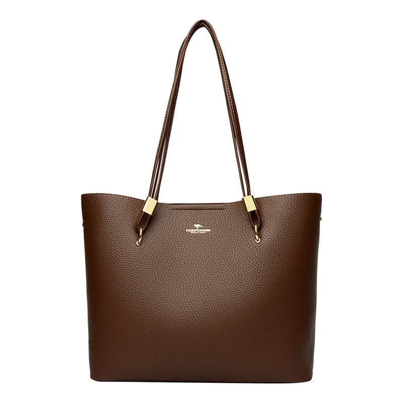Women's large capacity crossbody tote bag in PU leather with stitching detail in brown colour
