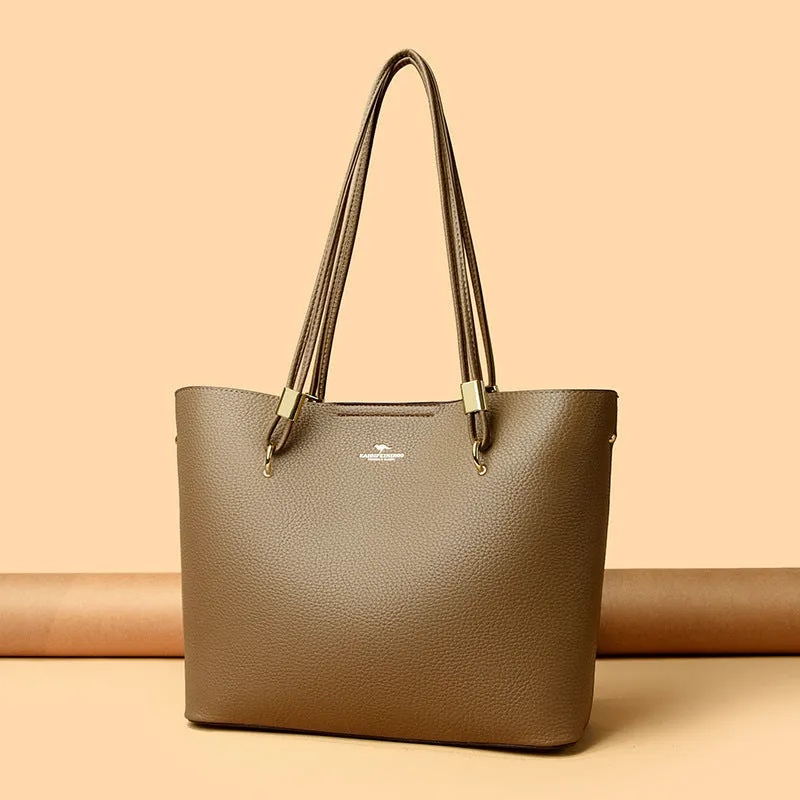 Women's large capacity crossbody tote bag in PU leather with stitching detail in brown colour