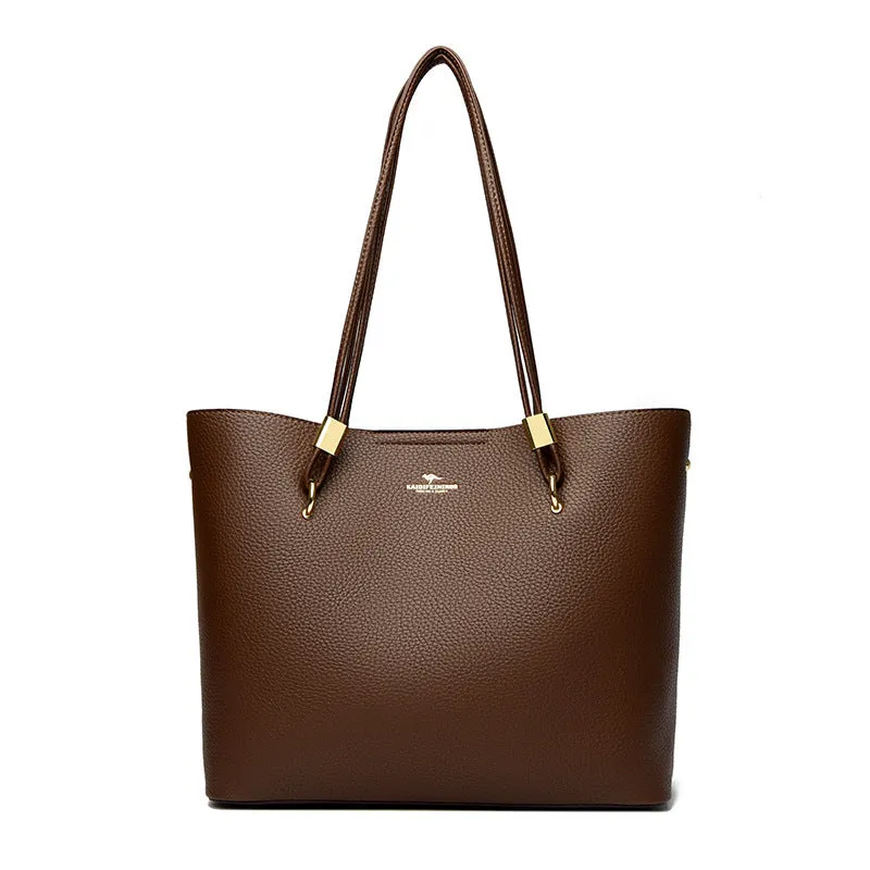 Women's large capacity crossbody tote bag in PU leather with stitching detail in brown colour