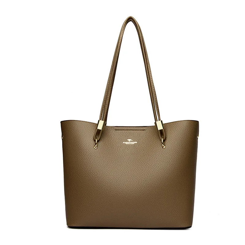 Women's large capacity crossbody tote bag in PU leather with stitching detail in brown colour