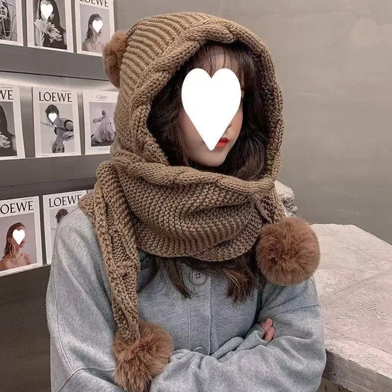 Korean-style acrylic hat with attached scarf in khaki, machine embroidery, round top