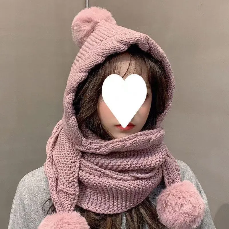Korean-style acrylic hat with attached scarf in khaki, machine embroidery, round top