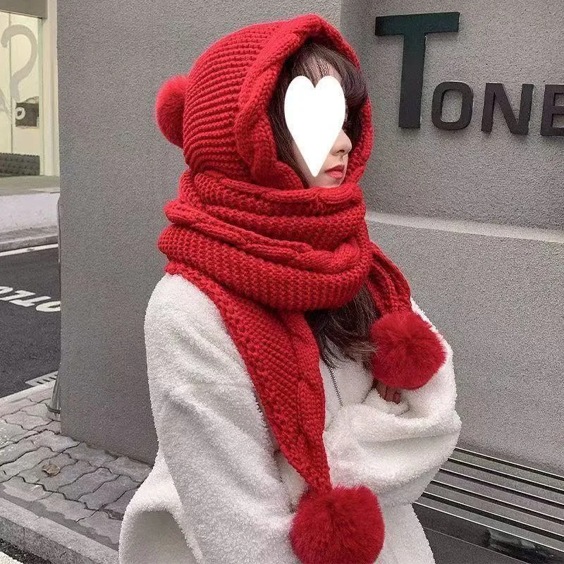 Korean-style acrylic hat with attached scarf in khaki, machine embroidery, round top