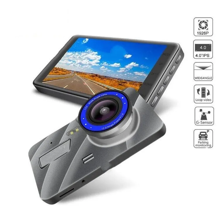 4-inch IPS screen dash cam with zinc alloy body and dual 1080P lens for front and rear recording