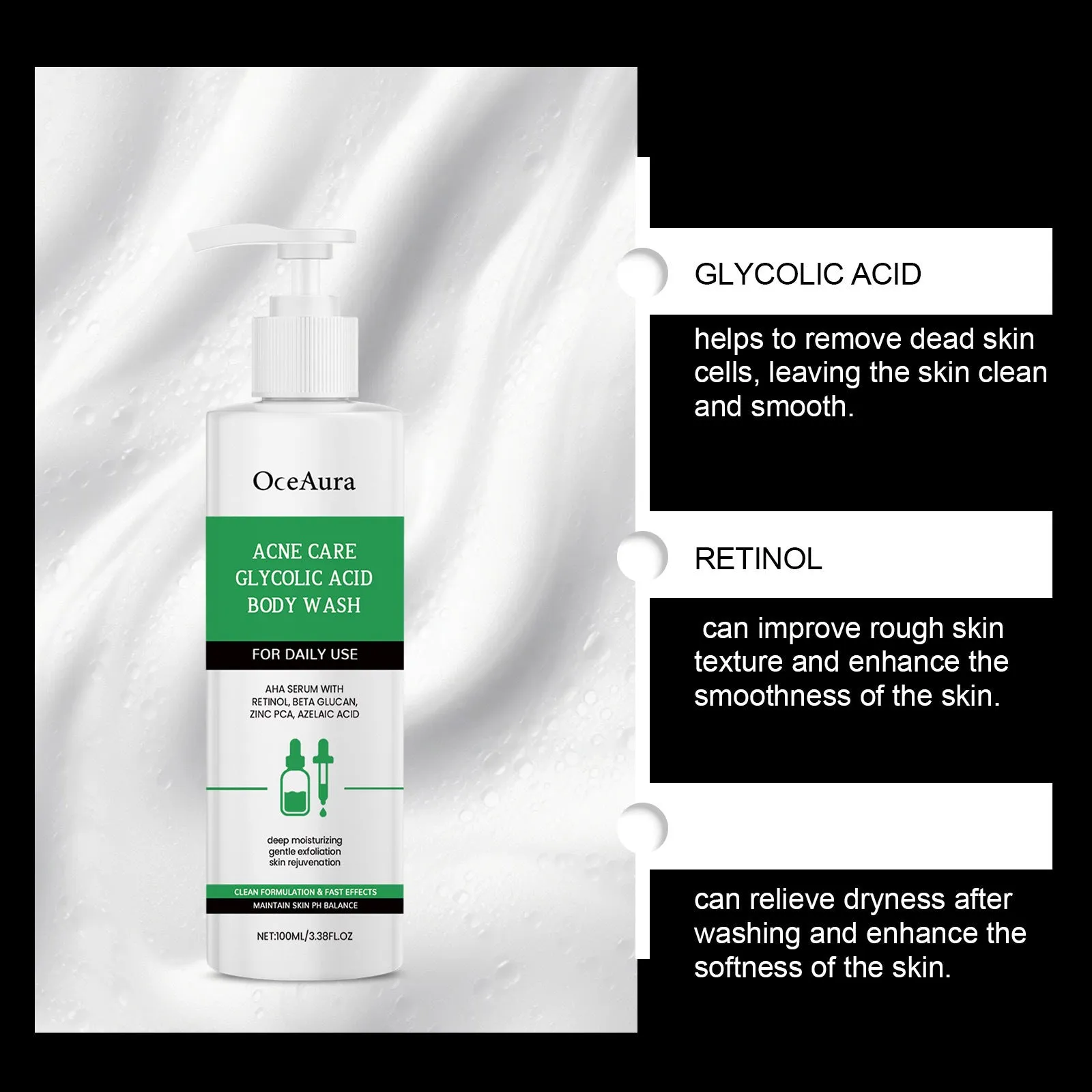 100ml soothing shower gel with glycolic acid, retinol and azelaic acid