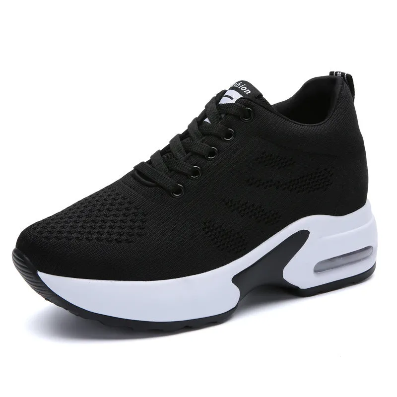 Soft sole mesh height-increasing platform casual shoes in black, side view
