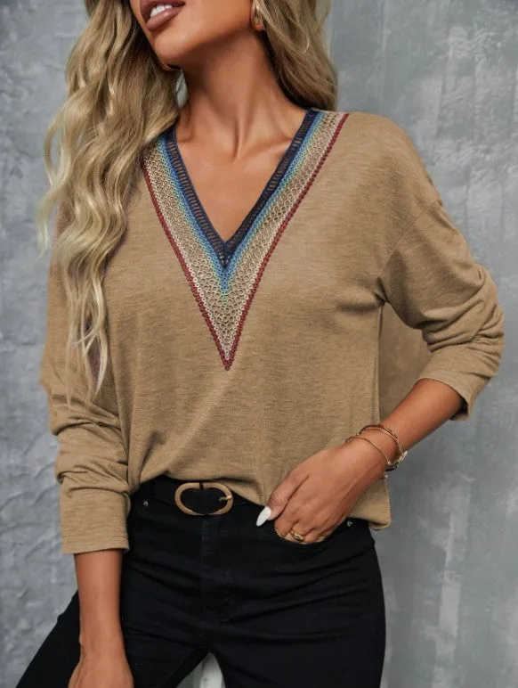 Autumn winter lace spliced V-neck loose long sleeve polyester top in green