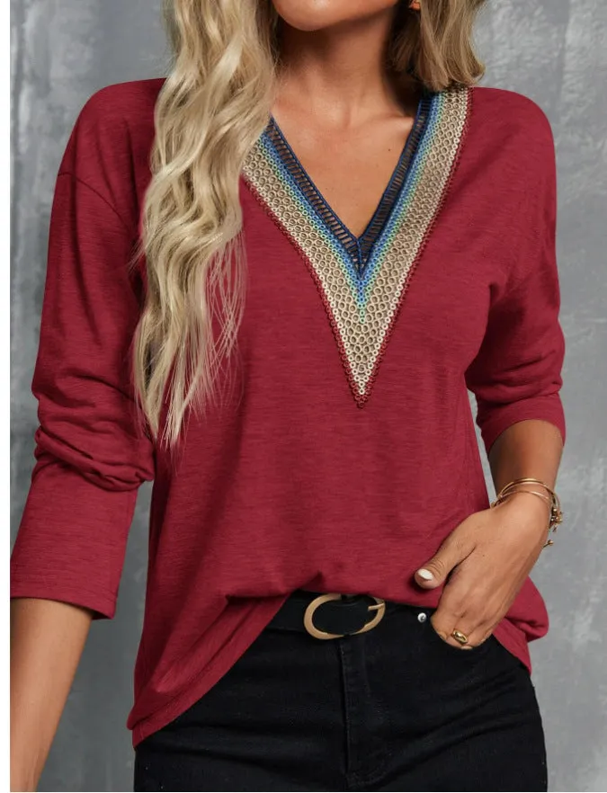 Autumn winter lace spliced V-neck loose long sleeve polyester top in green