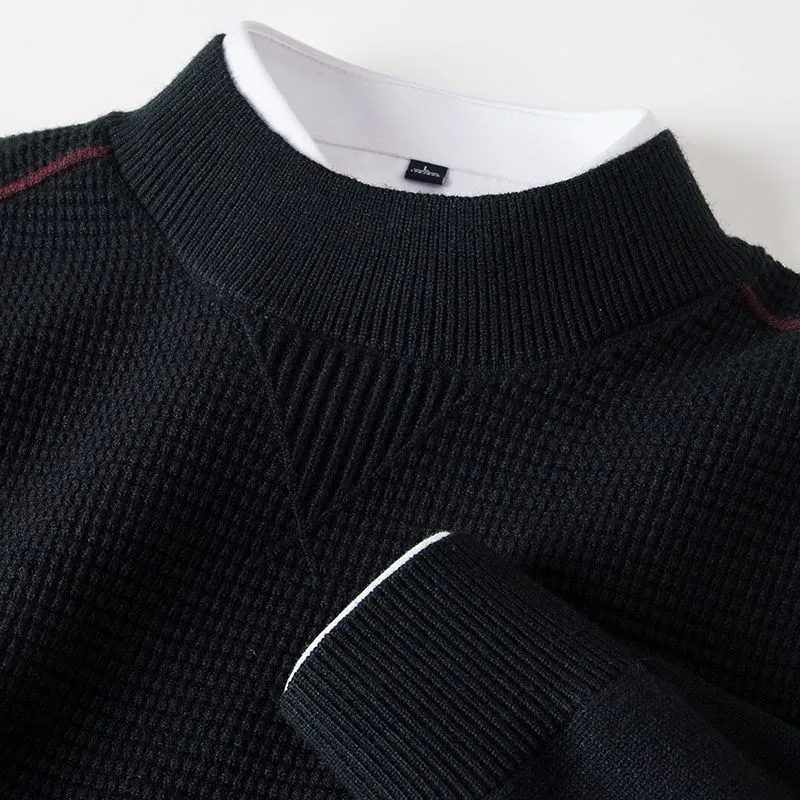 Men's wavy patterned pullover sweater in light green with stand collar and cotton lining