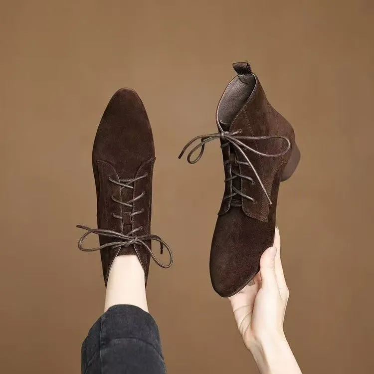 Women's matte brown pointed low-heel ankle boots with block heel and fleece lining