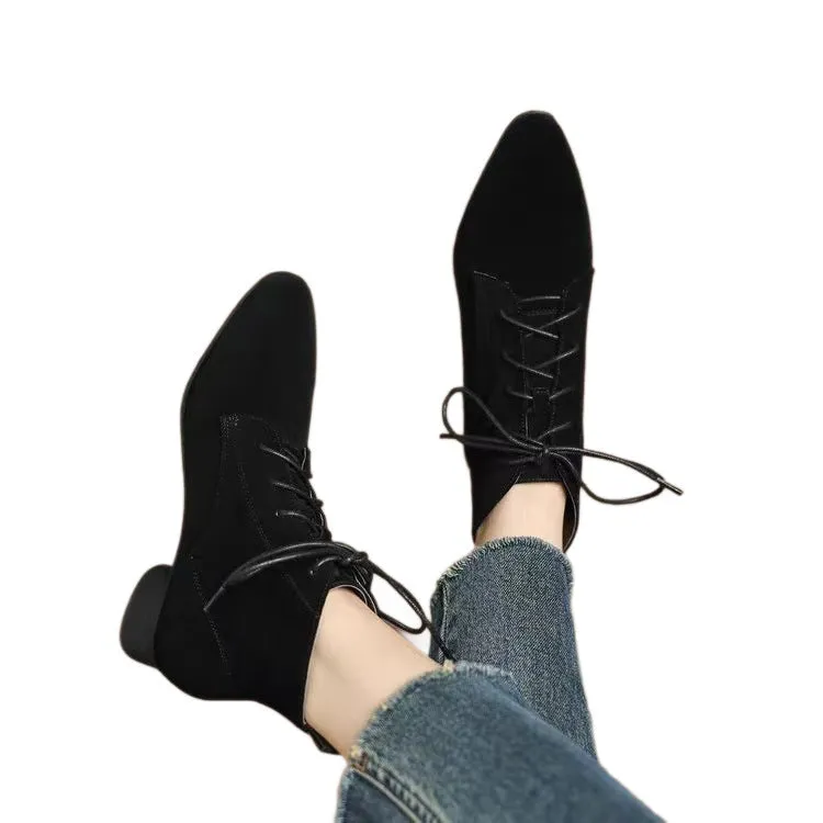 Women's matte brown pointed low-heel ankle boots with block heel and fleece lining