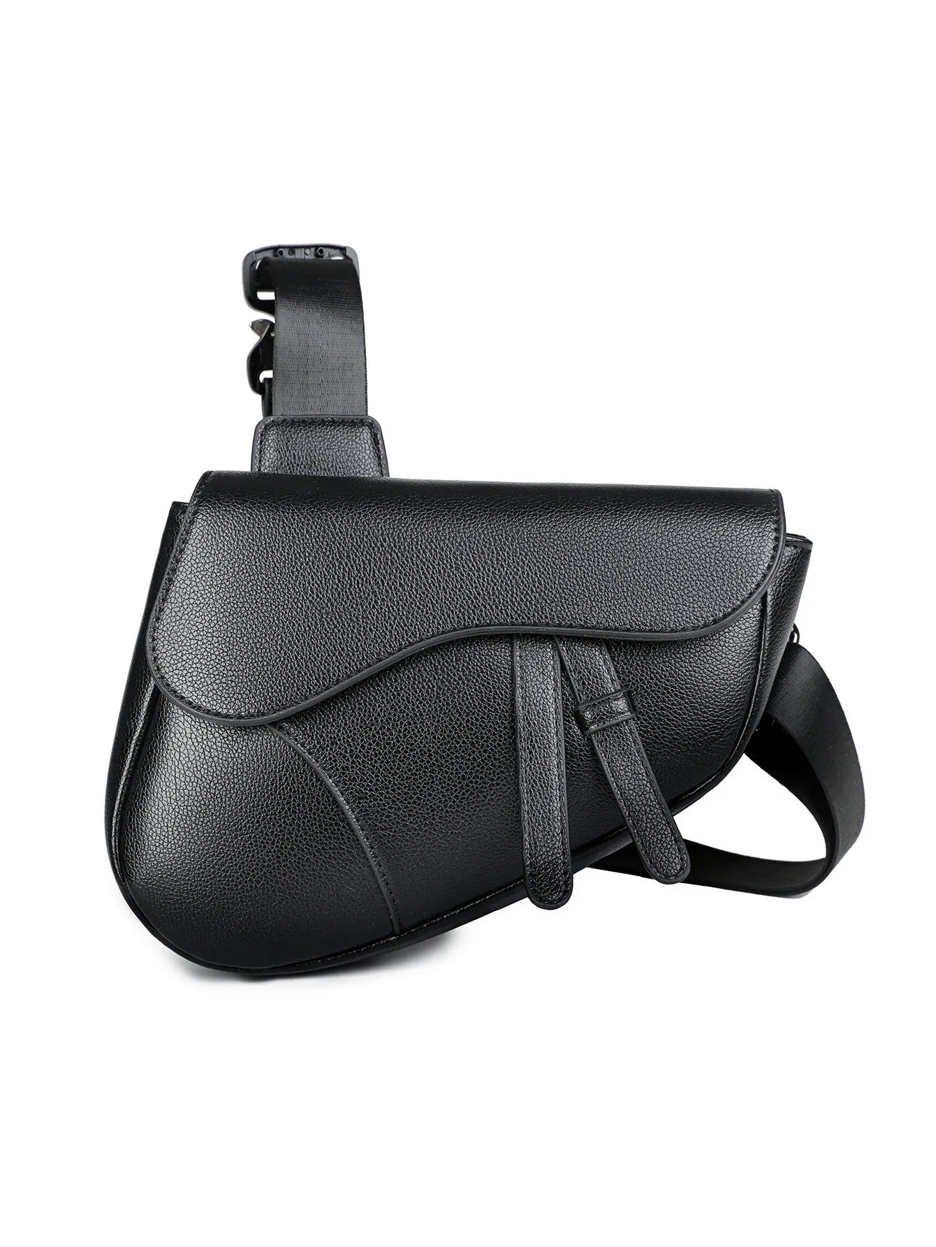 Unisex saddle shoulder crossbody chest bag in black synthetic leather with stitching and splicing details