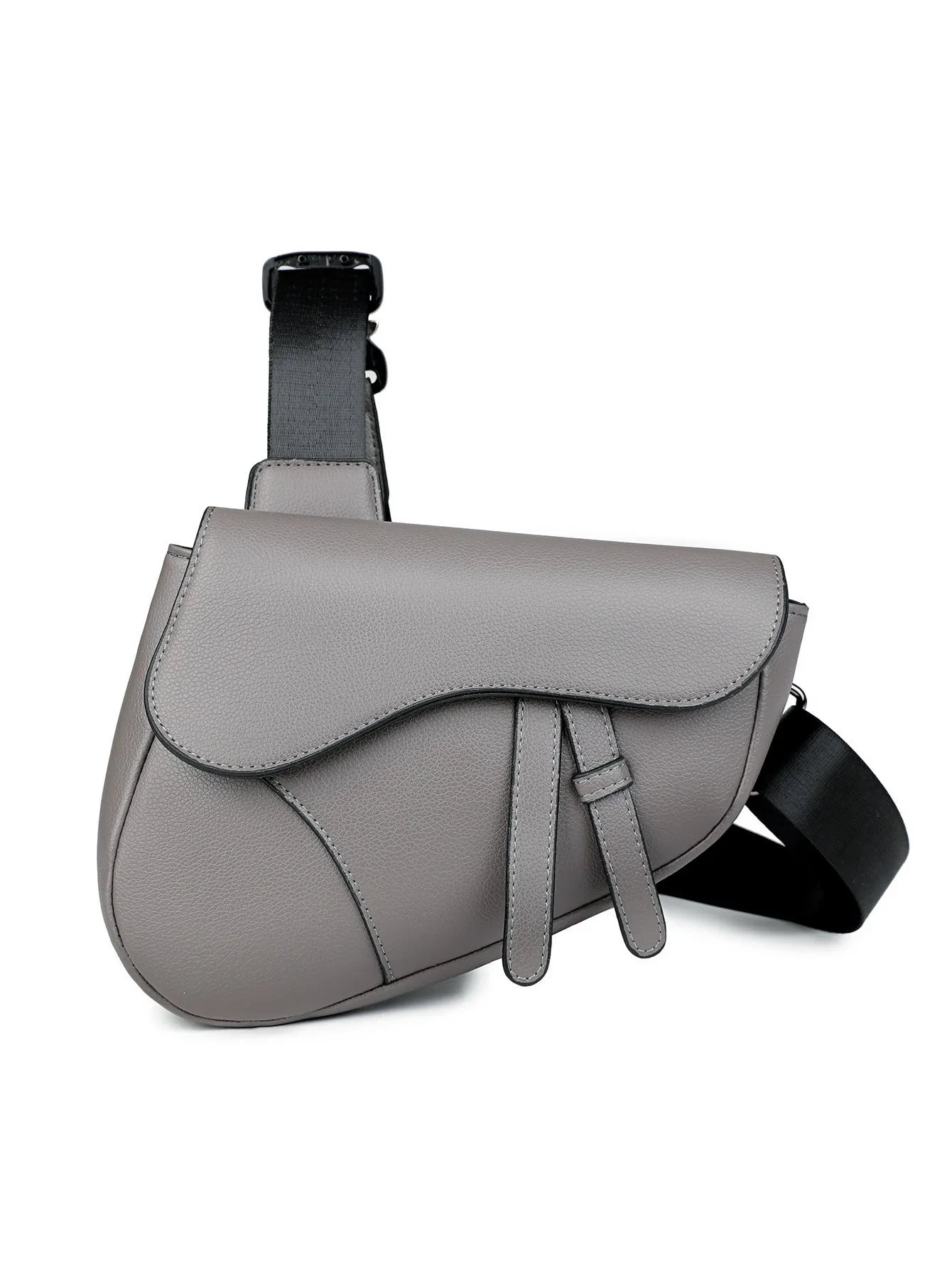 Unisex saddle shoulder crossbody chest bag in black synthetic leather with stitching and splicing details