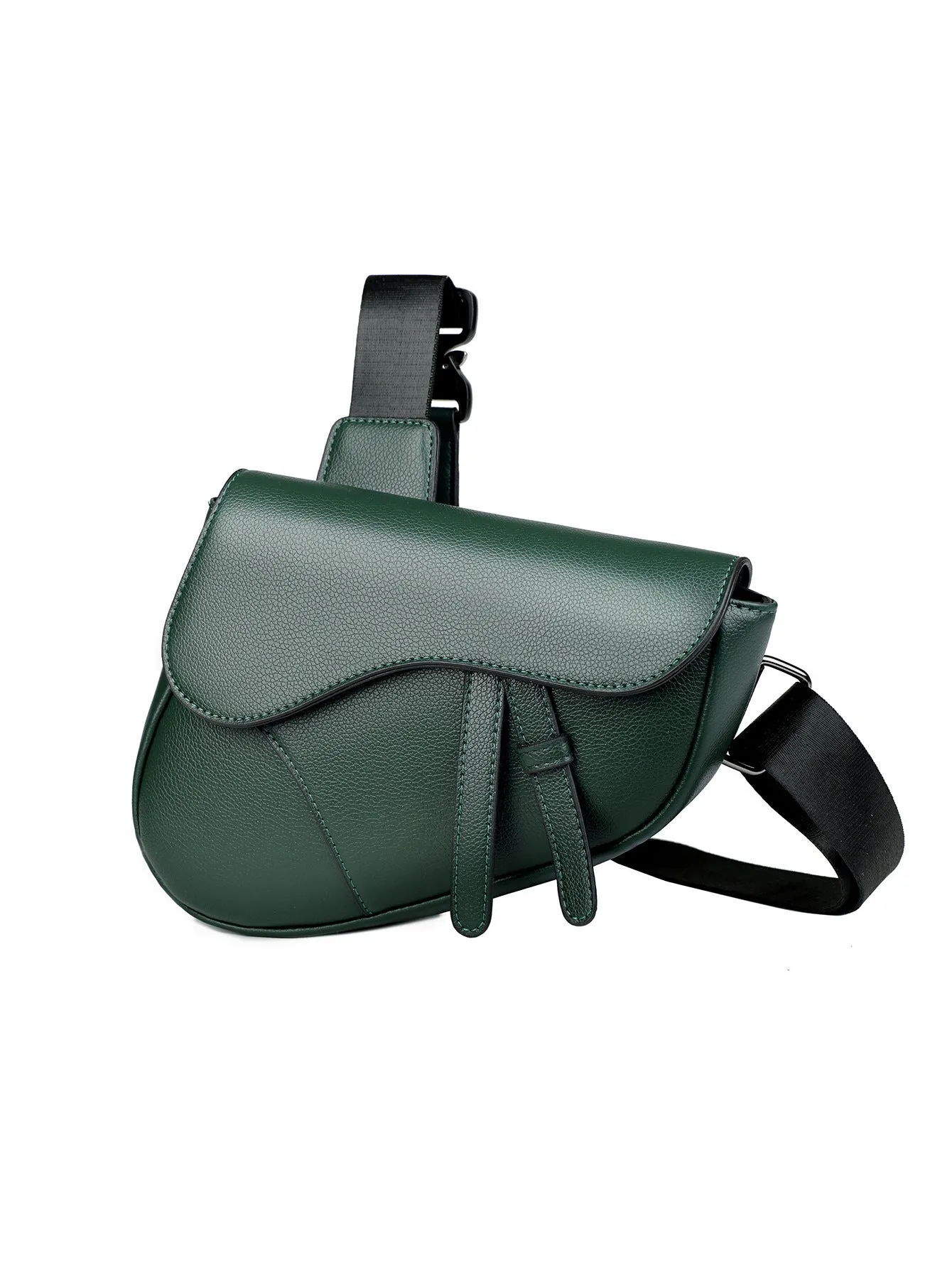 Unisex saddle shoulder crossbody chest bag in black synthetic leather with stitching and splicing details