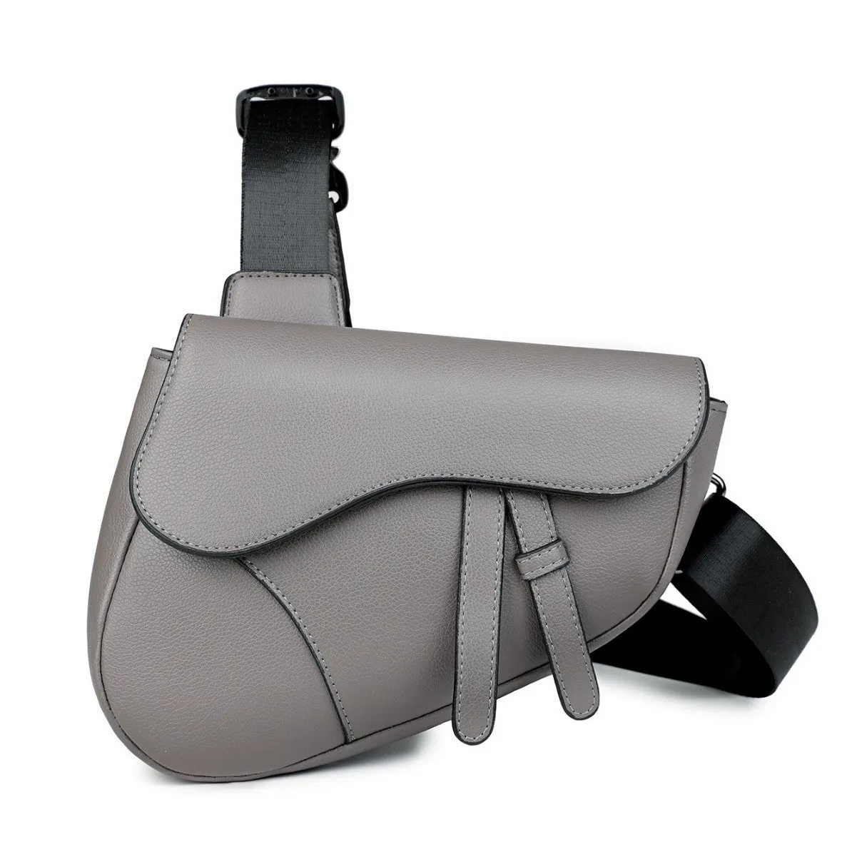 Unisex saddle shoulder crossbody chest bag in black synthetic leather with stitching and splicing details