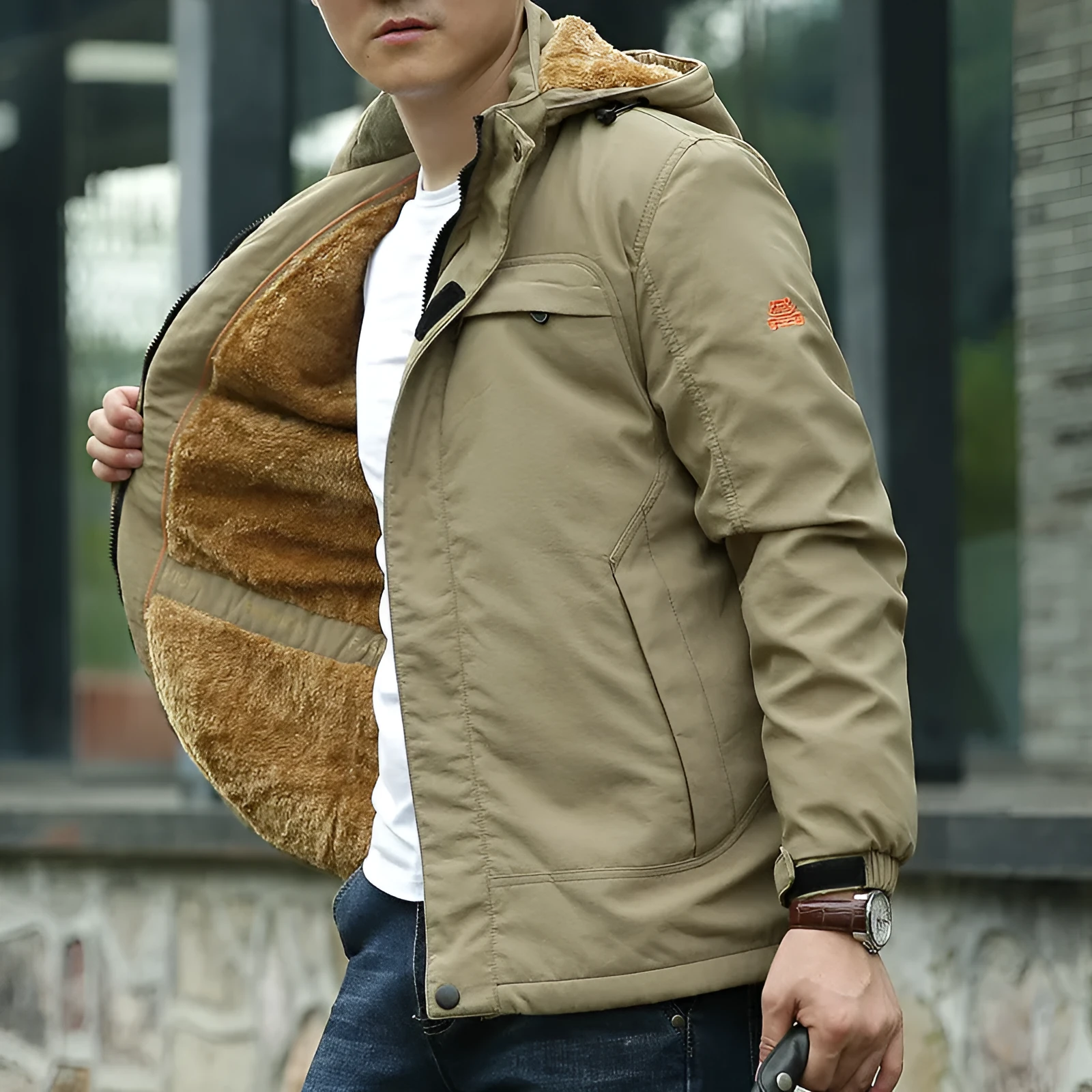 Men's waterproof breathable fleece-lined corduroy jacket in Khaki, loose cut, available in Asian sizes M to 5XL