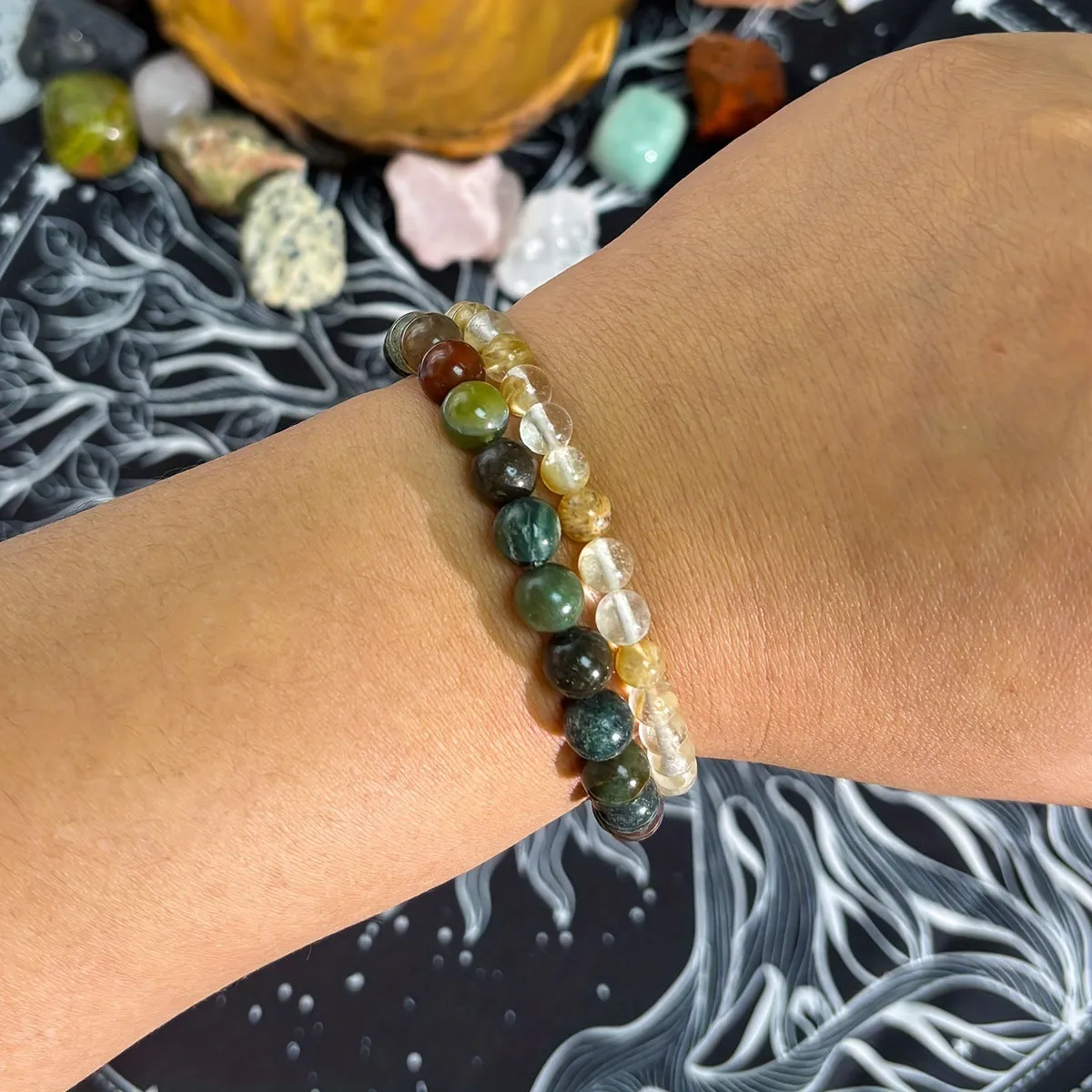 Handmade glass coloured glaze beaded bracelet with 8mm transparent beads unisex design