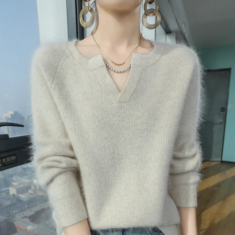 Thickened cashmere base warm sweater knit long sleeve nylon for women in multiple colours