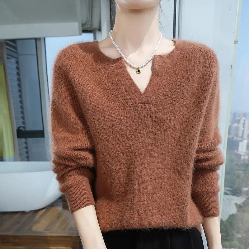 Thickened cashmere base warm sweater knit long sleeve nylon for women in multiple colours