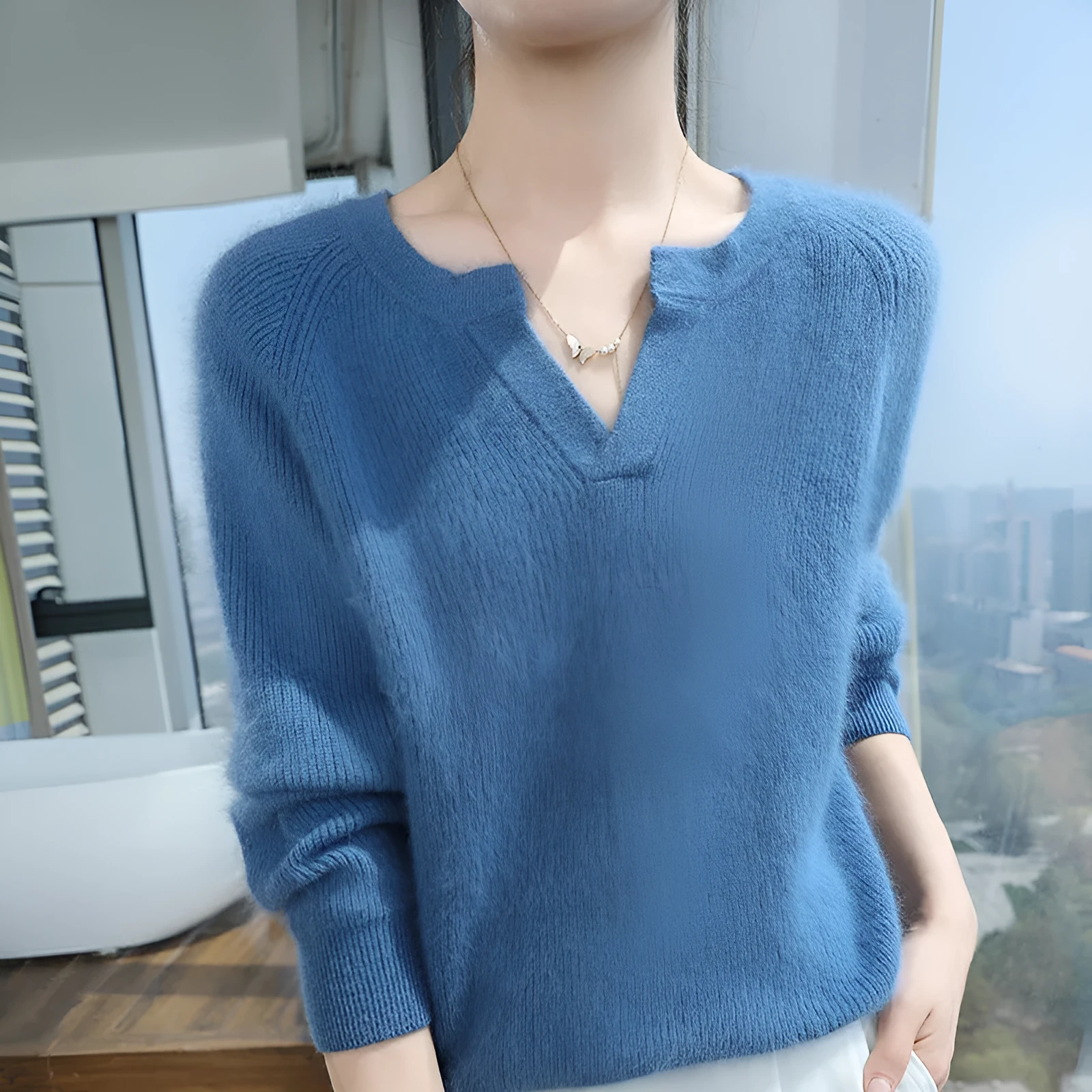 Thickened cashmere base warm sweater knit long sleeve nylon for women in multiple colours