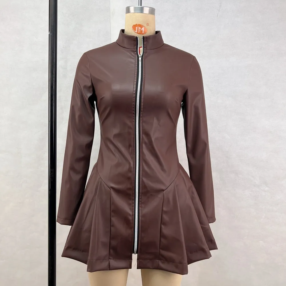 Women's black PU leather slim fit pleated dress with long sleeves and zipper front, streetwear style