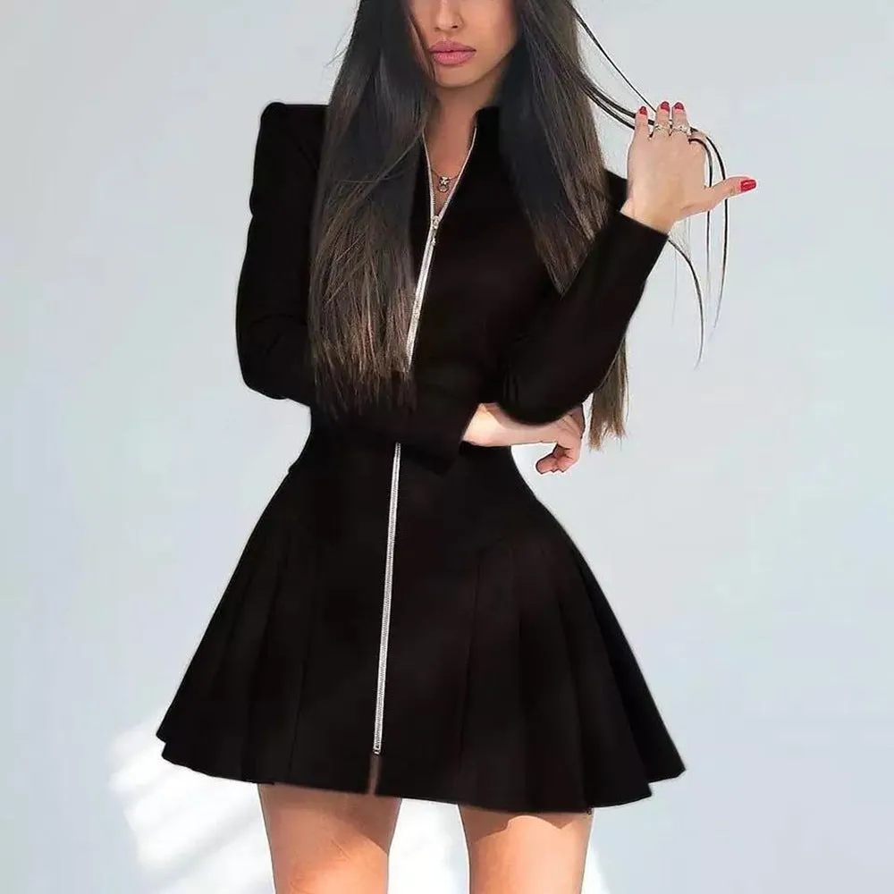 Women's black PU leather slim fit pleated dress with long sleeves and zipper front, streetwear style