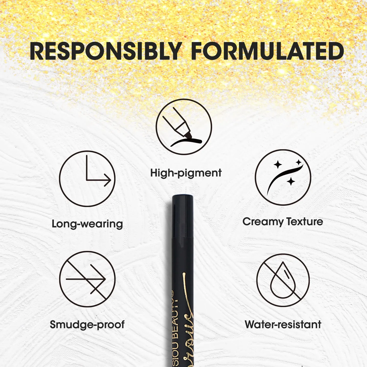 Black liquid eyeliner with smooth texture and waterproof formula for long lasting wear