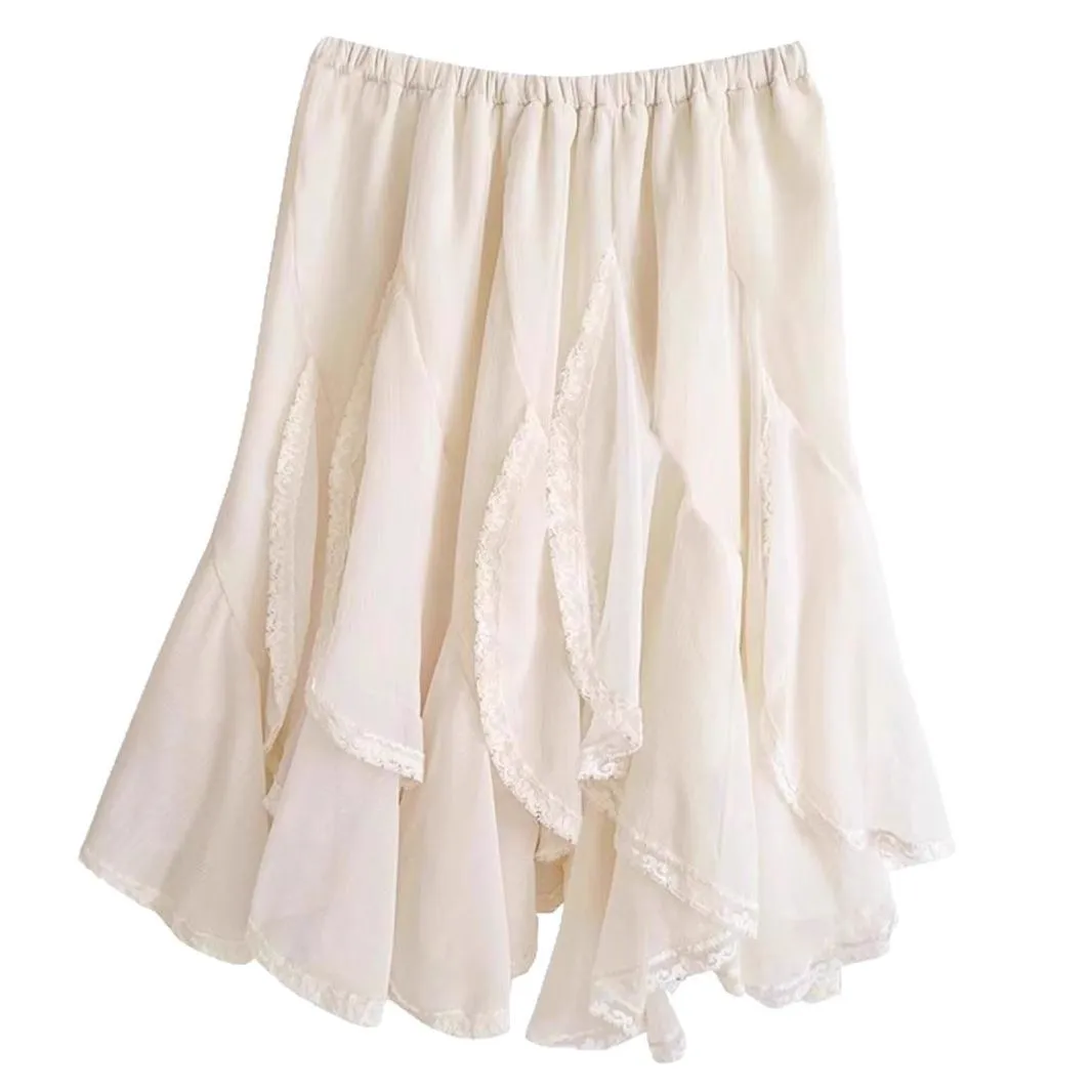 French irregular lace patch high-waisted slimming tulle skirt in Apricot, A-line solid colour polyester short skirt for women