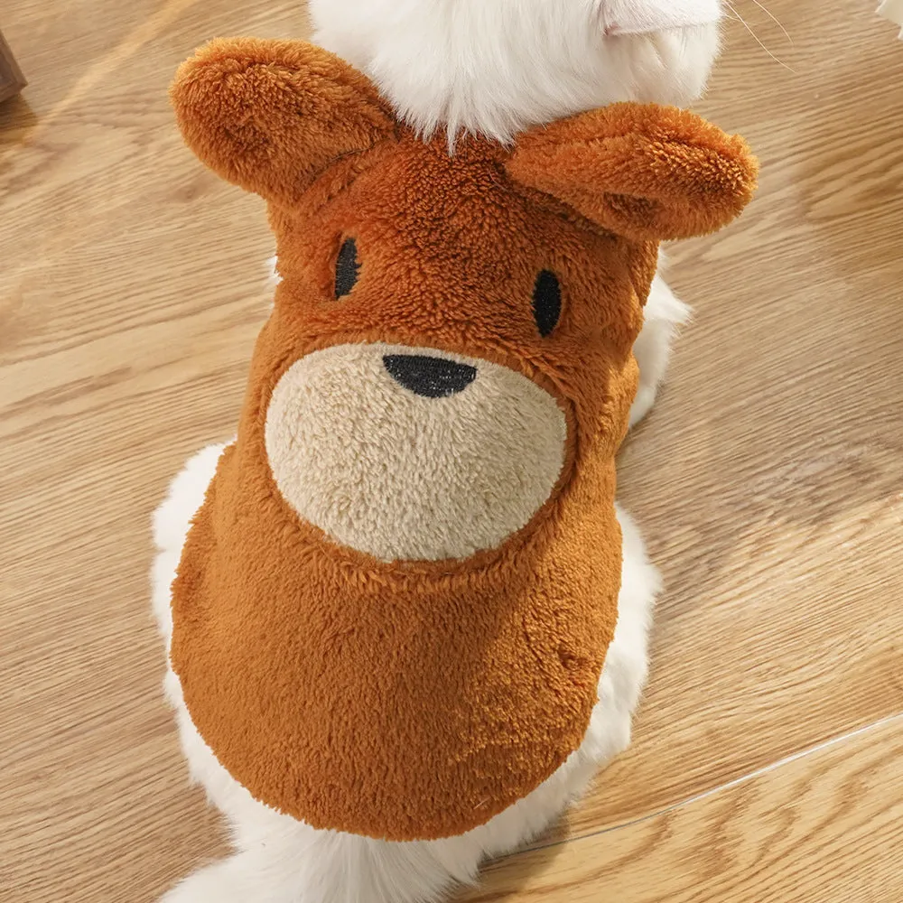Cream fleece-lined pet dog clothes with brown bear ears on a white background, side view