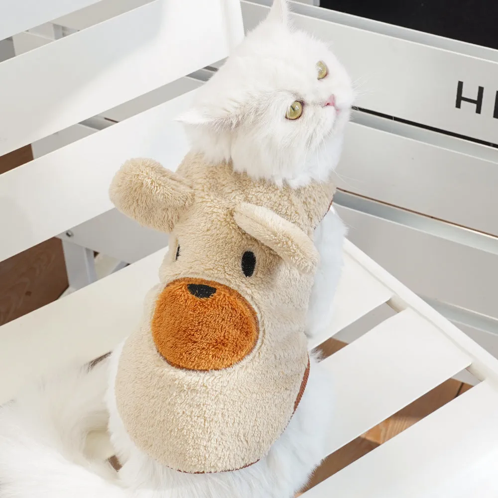 Cream fleece-lined pet dog clothes with brown bear ears on a white background, side view