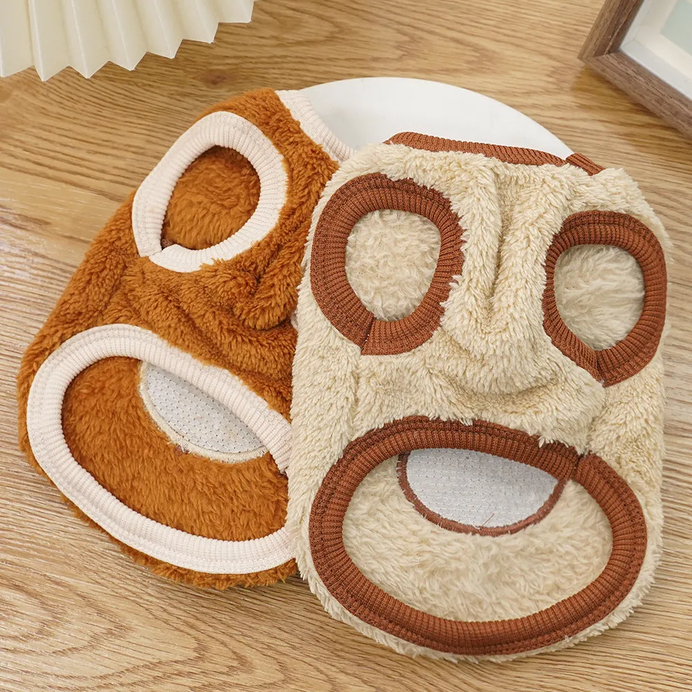 Cream fleece-lined pet dog clothes with brown bear ears on a white background, side view