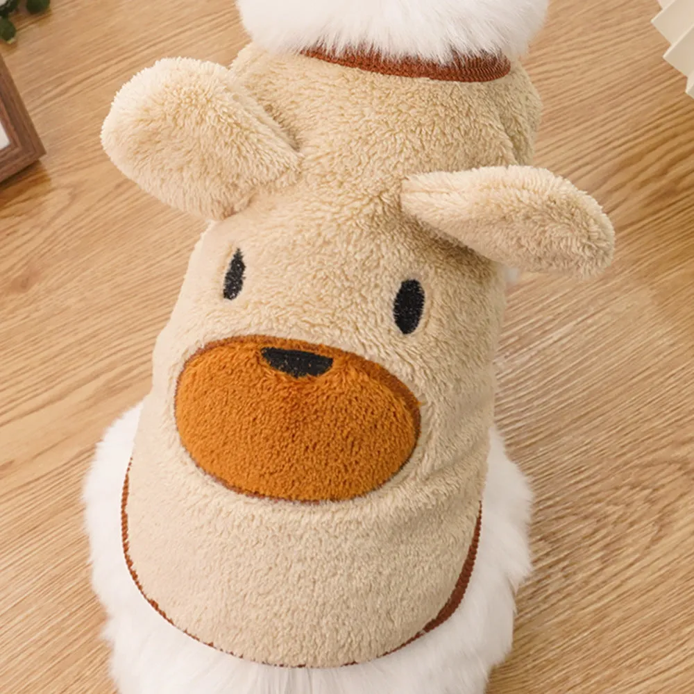 Cream fleece-lined pet dog clothes with brown bear ears on a white background, side view