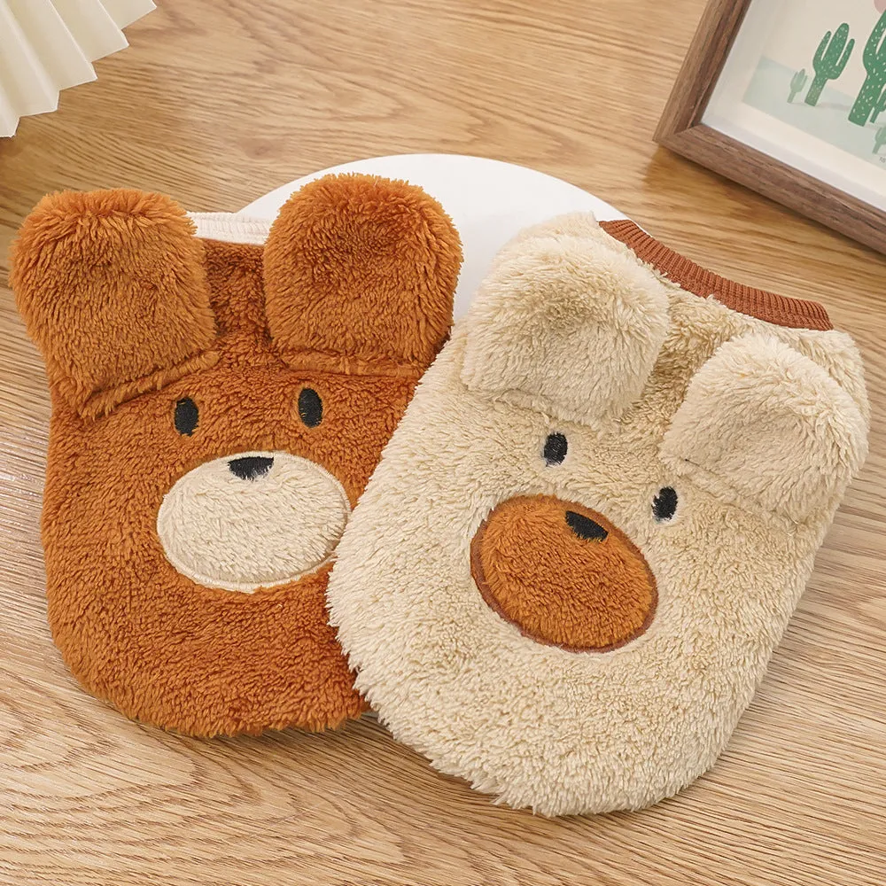 Cream fleece-lined pet dog clothes with brown bear ears on a white background, side view