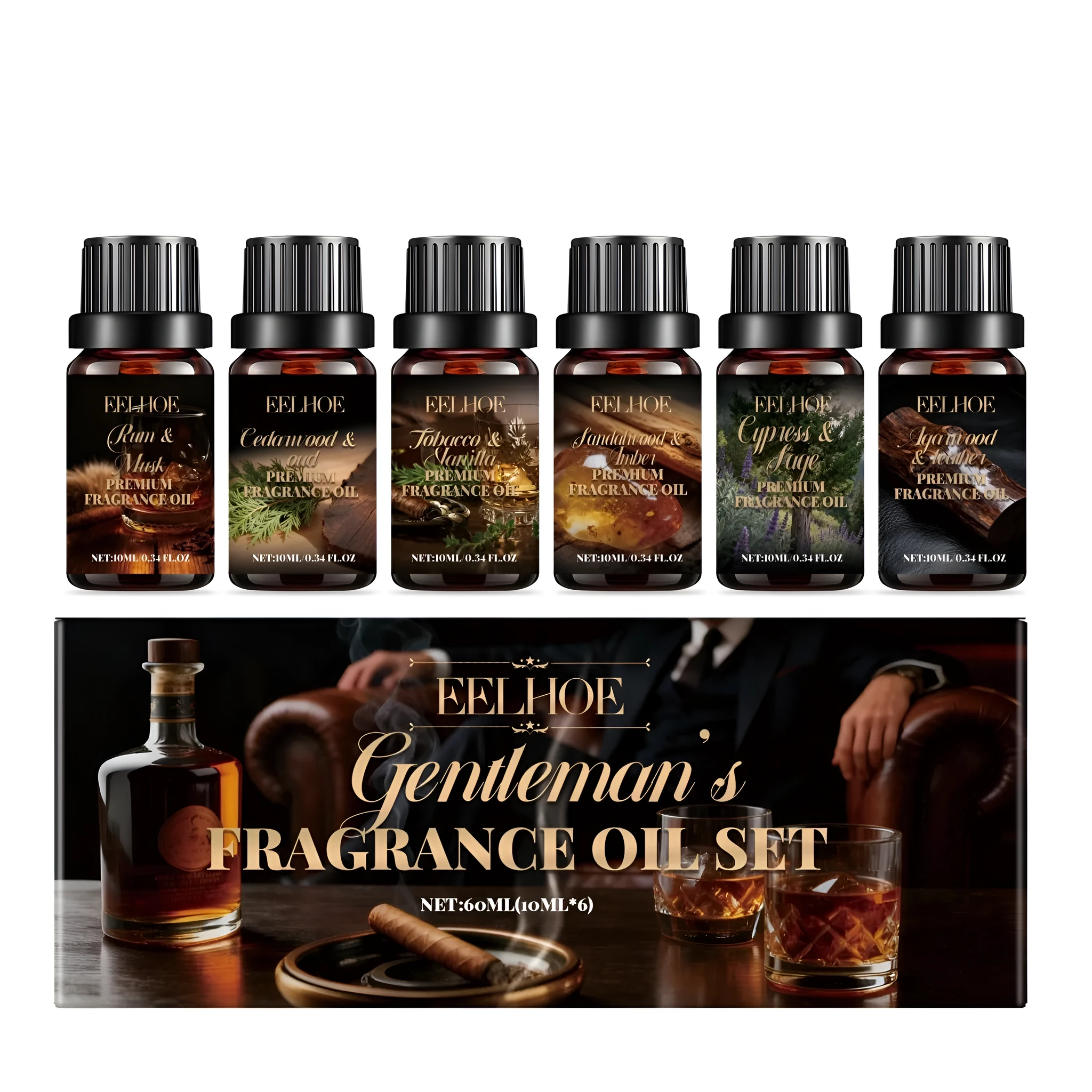 Set of six 10ml men's fragrance oil bottles in agarwood, leather, tobacco, vanilla, sandalwood, amber, and other woody scents