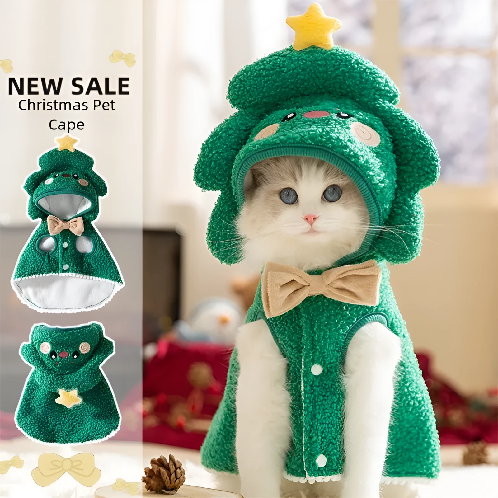 Cat wearing a green granular velvet Christmas cape with a star-topped tree hat, standing on a wooden floor